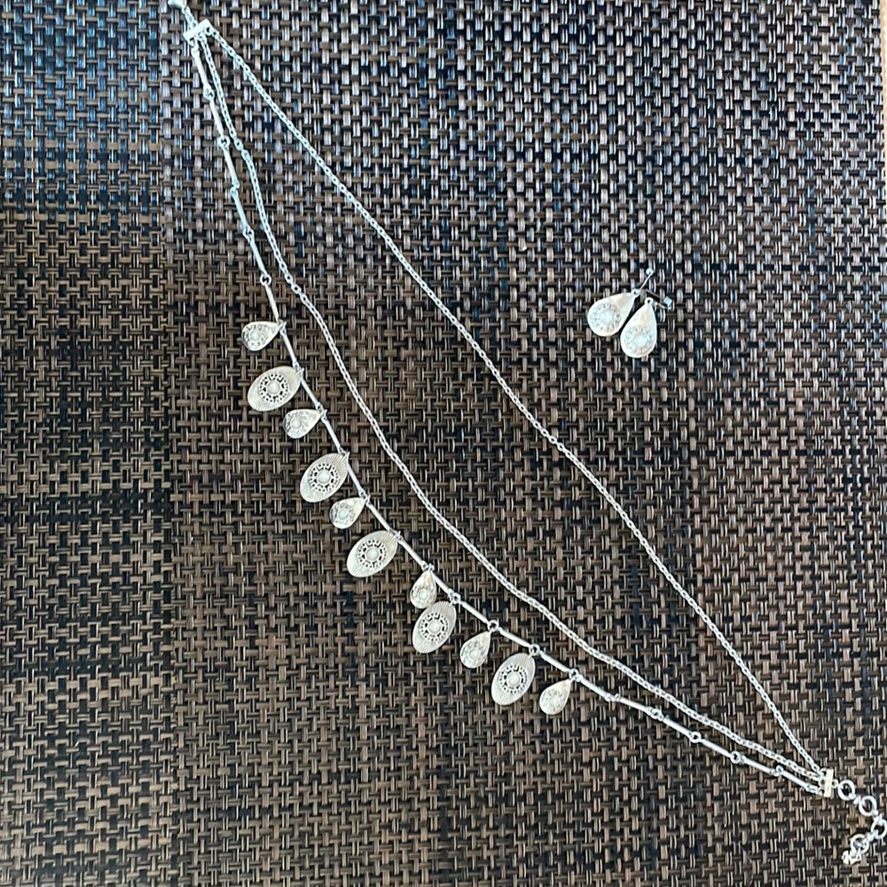 NWOT Lucky Brand 3 Strand Necklace and Matching Earrings w/frosted White Stone